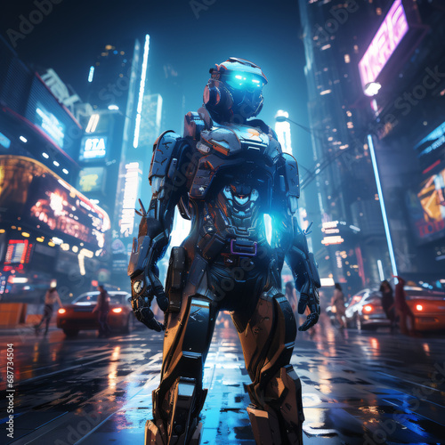 futuristic humans and robots in a city at night with neon light surroundings, AI, artificial intelligence concept, future world concept