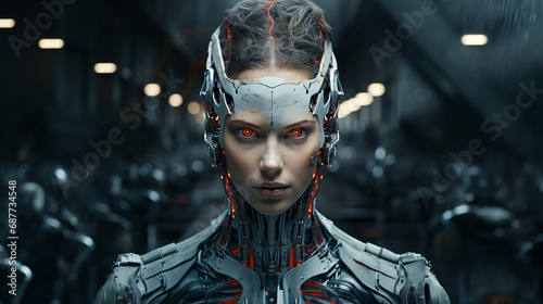 female robot face concept, AI artificial intelligence, advanced lifeform, new species, humans and robots concept, illustration, future technology #687734548