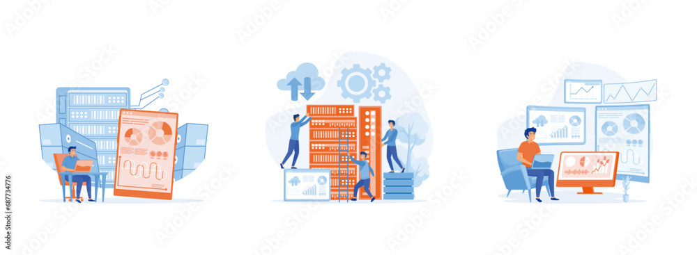 Data center technology concept, data network management, computer Monitoring Information database. Data center set flat vector modern illustration Data center technology concept, data network management, computer Monitoring Information database. Data center set flat vector modern illustration