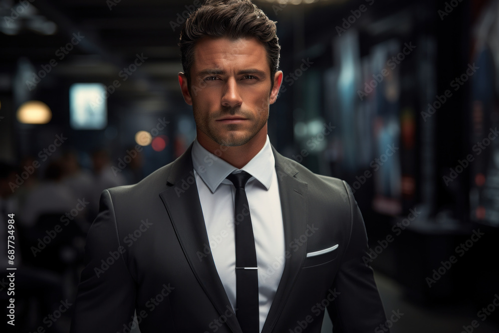 A businessman in a power pose, exuding confidence and leadership in a corporate setting. Concept of executive presence. Generative Ai. A businessman in a power pose, exuding confidence and leadership in a corporate setting. Concept of executive presence. Generative Ai.