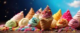 A delicious ice cream cone is topped with a variety of flavors and colorful sprinkles