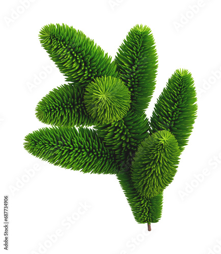 Christmas tree spruce branch. Xmas tree element fir twig isolated on transparent background. 3D render