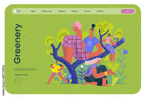 Greenery, ecology -modern flat vector concept illustration of people on a tree, surrounded by plants. Metaphor of environmental sustainability and protection, closeness to nature