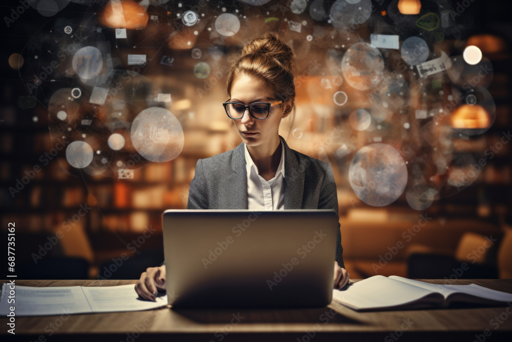 A businesswoman multitasking with a laptop and a notepad, illustrating the ability to manage diverse responsibilities. Concept of efficiency in multitasking. Generative Ai. A businesswoman multitasking with a laptop and a notepad, illustrating the ability to manage diverse responsibilities. Concept of efficiency in multitasking. Generative Ai.