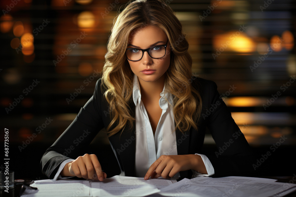 A businesswoman reviewing financial statements with a serious expression. Concept of fiscal responsibility and financial analysis. Generative Ai.