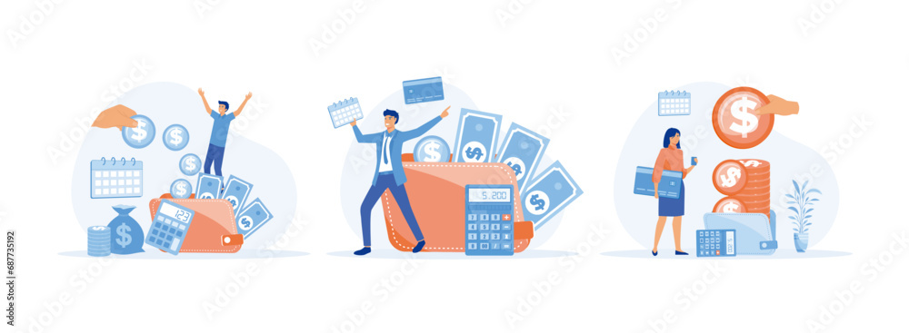 Salary Payment concept. Employee or workers are happy receive a monthly salary. People calculating money, active income. Salary payment 1 set flat vector modern illustration Salary Payment concept. Employee or workers are happy receive a monthly salary. People calculating money, active income. Salary payment 1 set flat vector modern illustration