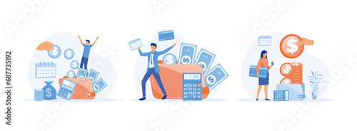 Salary Payment concept. Employee or workers are happy receive a monthly salary. People calculating money, active income. Salary payment 1 set flat vector modern illustration 