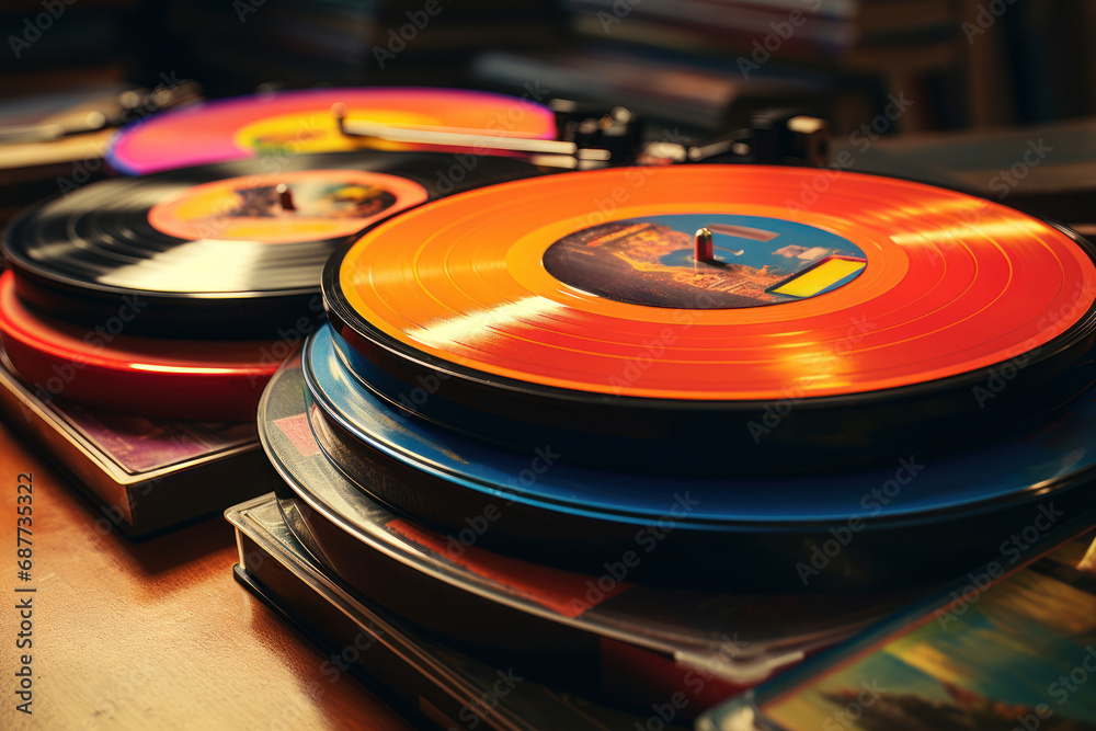 A stack of retro vinyl records with colorful album covers, recalling