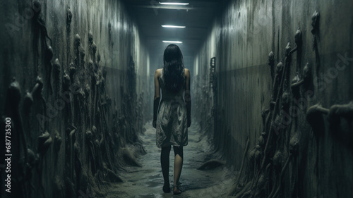 Girl walks away down dark scary corridor alone, back view of young woman in spooky creepy building. Female person like in thriller or horror movie. Concept of terror, cinematic photo