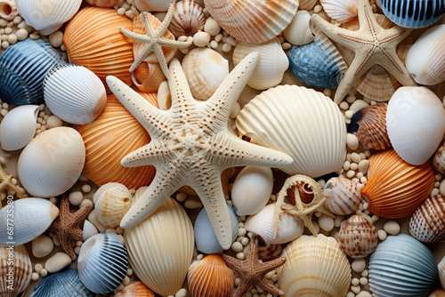 A carefully arranged assortment of seashells of various shapes and sizes  bringing the calming essence of the beach indoors. Concept of coastal tranquility. Generative Ai.