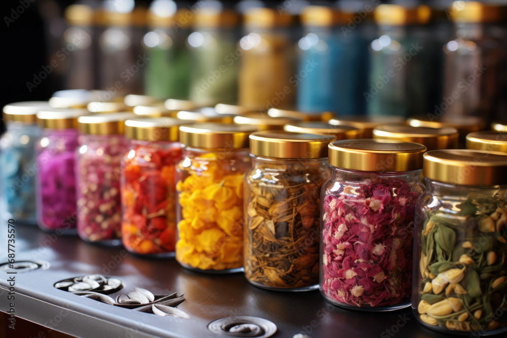 A variety of colorful and aromatic teas in decorative canisters, inviting exploration of diverse flavors. Concept of a sensory tea experience. Generative Ai.