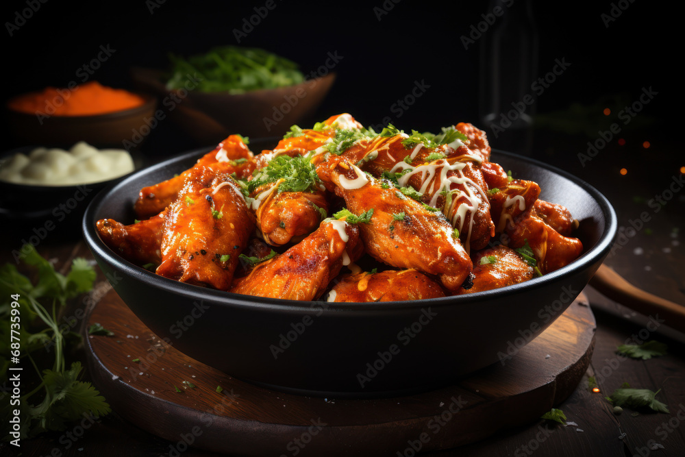 A flavorful bowl of spicy buffalo chicken wings, perfect for those seeking a fiery kick in their fast food experience. Concept of bold flavors. Generative Ai. A flavorful bowl of spicy buffalo chicken wings, perfect for those seeking a fiery kick in their fast food experience. Concept of bold flavors. Generative Ai.