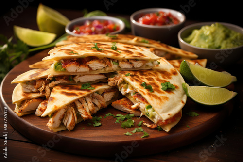 A tempting plate of chicken quesadillas, grilled to perfection and served with a side of creamy guacamole. Concept of Tex-Mex delight. Generative Ai.