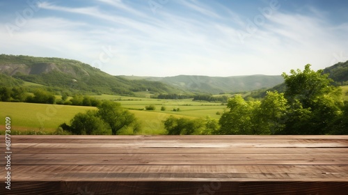 Rustic Wooden Table Overlooking Rolling Countryside Hills. Generative ai © Scrudje