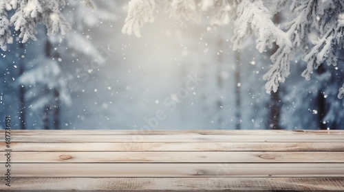 Winter Wonderland with Wooden Table Surface. Generative ai © Scrudje