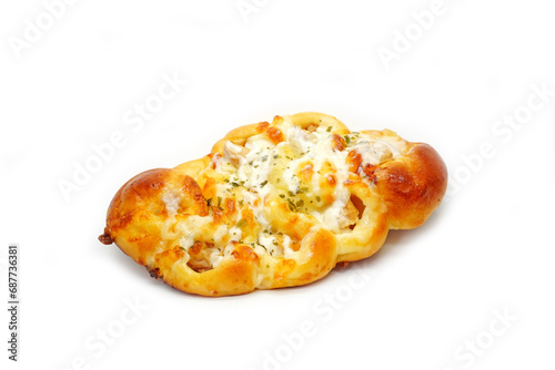 Sausage garlic bread isolated on white background. Bakery, pastry, food isolate