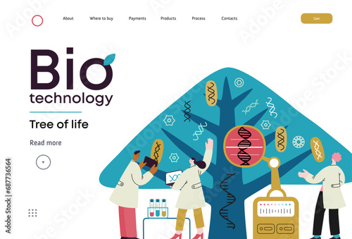 Bio Technology, Tree of life - modern flat vector concept illustration of scientists observing the tree, whose leaves represent various types of DNA. Metaphor of genetic research and diversity of life