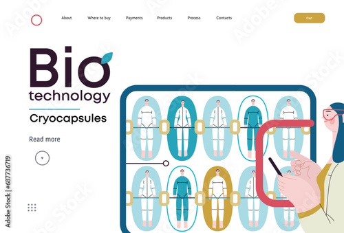 Bio Technology, Cryocapsule Time Freezer -modern flat vector concept illustration of futuristic cryocapsules resembling frozen time vaults. Metaphor of preserving life, time through cryonic technology