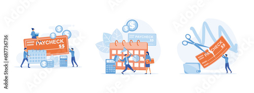 Employees and calendar with payday and a paycheck.calculator and tiny business people getting a paycheck. Boss cutting staff employee pay. Paycheck set flat vector modern illustration  
