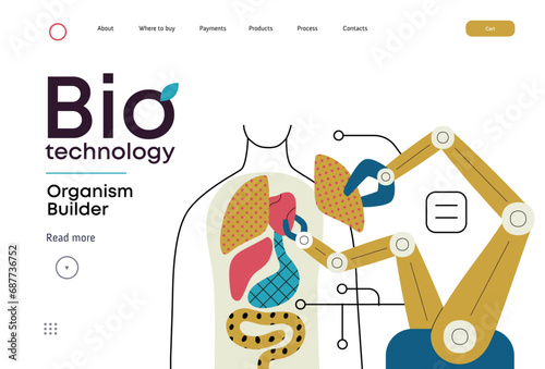 Bio Technology, Organism Builder -modern flat vector concept illustration of robot assembling organism using blocks, parts representing organ systems. Metaphor of regenerative medicine and 3D printing