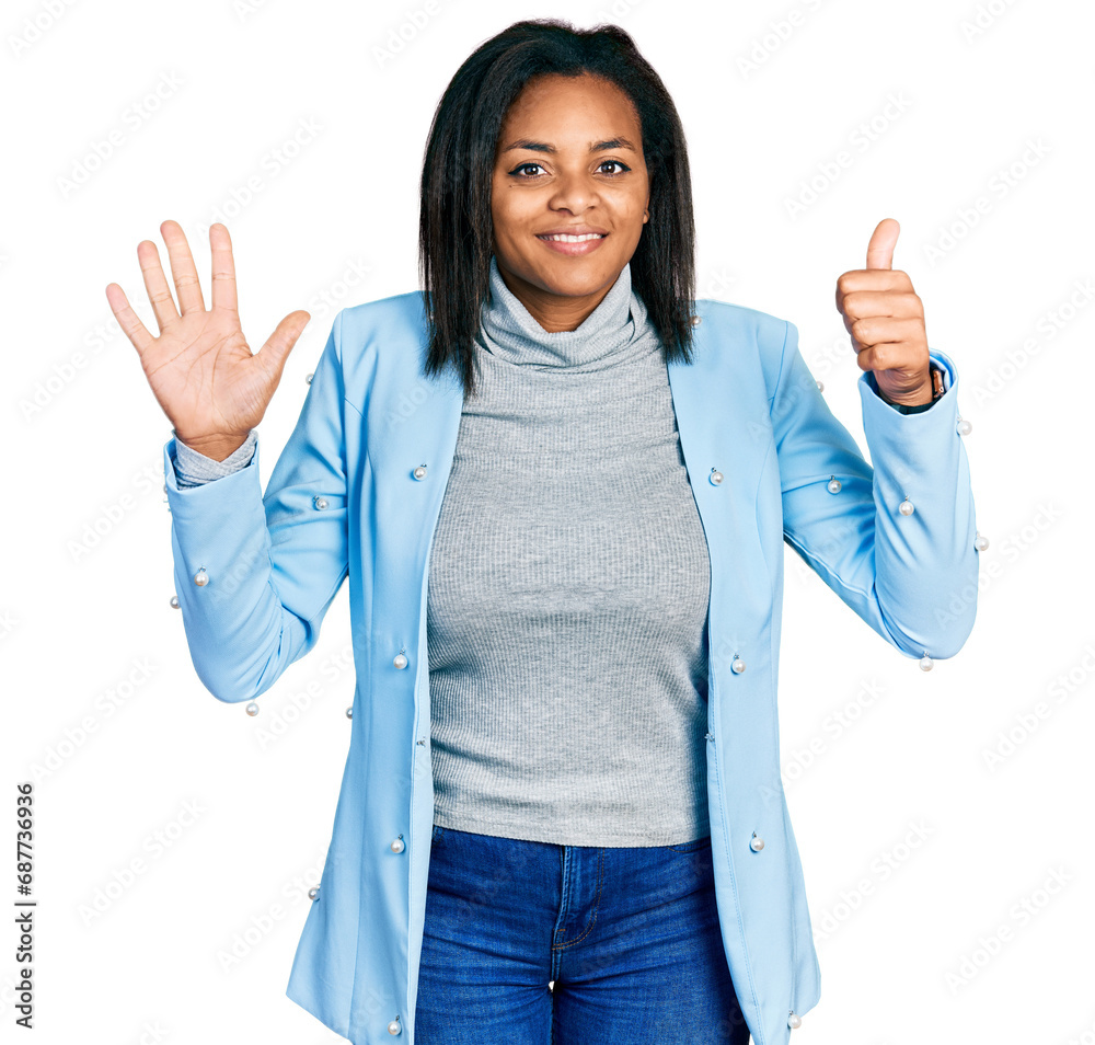 Beautiful hispanic woman wearing business jacket showing and pointing up with fingers number six while smiling confident and happy. Beautiful hispanic woman wearing business jacket showing and pointing up with fingers number six while smiling confident and happy.