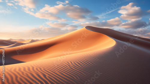 Endless sand dunes, shaped by the whims of the wind, stretch out under a golden sun, creating a mesmerizing desert panorama.