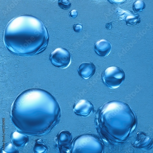 Studio shot of clear cosmetic blue oxygen bubbles under clear water in full frame macro close up with selective focus blur.