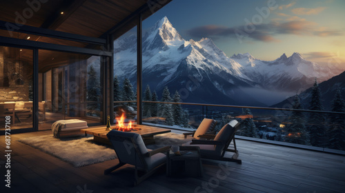 Mountain Lodge Overlooking Snow-Capped Peaks at Dawn. photo