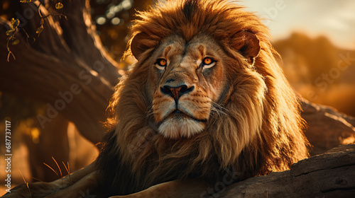Majestic Lion Basking in the Golden Savanna Sunlight.