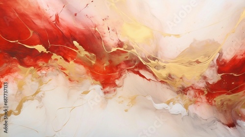 abstract liquid painting. marbled wallpaper background. red and gold waves swirls white painted splashes illustration. 