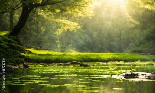 The Serene Beauty of Sunlight Streaming Through Trees Reflecting on Water, Nature Background, Wallpaper, Peaceful Atmosphere, Meditation, Mindfulness, and Healing Nature