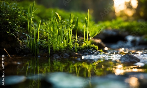 A Serene Stream Flowing Through a Vibrant  Tranquil Forest  Green Grass  Nature Background  Wallpaper  Meditation  Mindfulness  and Healing Nature