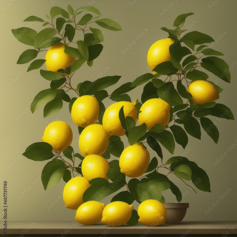 Fresh and ripe lemons hang on a branch with a leaf