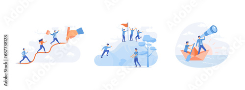 Business people walking up on increase chart line. Leadership and teamwork. Businessman Leader looking through a telescope. Leadership set flat vector modern illustration