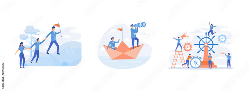 © Alwie99d - Business people climb to the top of the mountain. Businessman leader with binoculars lead business team sailing origami ship, leadership qualities in a creative team. Leadership set flat vector modern © Alwie99d - Business people climb to the top of the mountain. Businessman leader with binoculars lead business team sailing origami ship, leadership qualities in a creative team. Leadership set flat vector modern