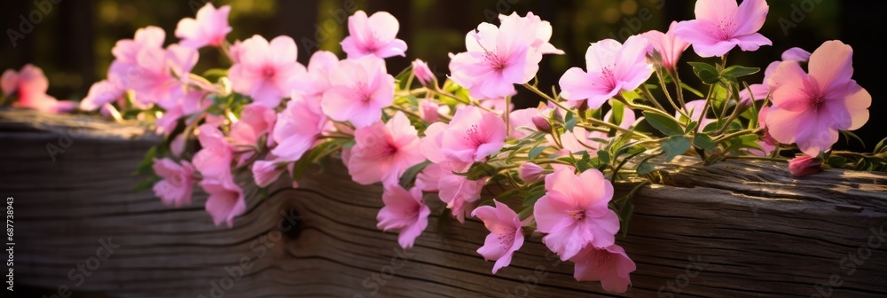 Fototapeta premium flowers sitting in the wood fence, generative AI