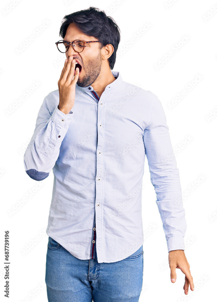 Handsome hispanic man wearing business shirt and glasses bored yawning tired covering mouth with hand. restless and sleepiness. Handsome hispanic man wearing business shirt and glasses bored yawning tired covering mouth with hand. restless and sleepiness.