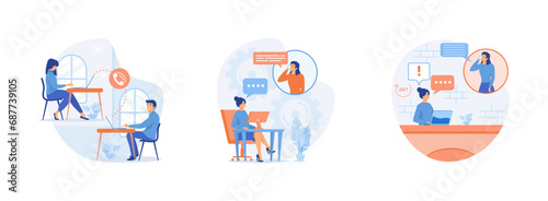 Call center, hotline. Hotline operator concept. Online global technical support 24 hours. Girl in headphones communicates with client. Hotline operator set flat vector modern illustration