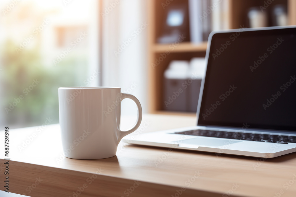 White mug on wooden table in workplace, Mockup for design. White mug on wooden table in workplace, Mockup for design.