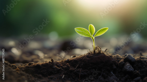 Young green sapling plant growing from the earth.