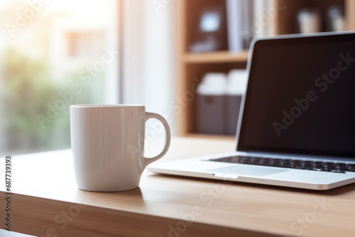 White mug on wooden table in workplace, Mockup for design.