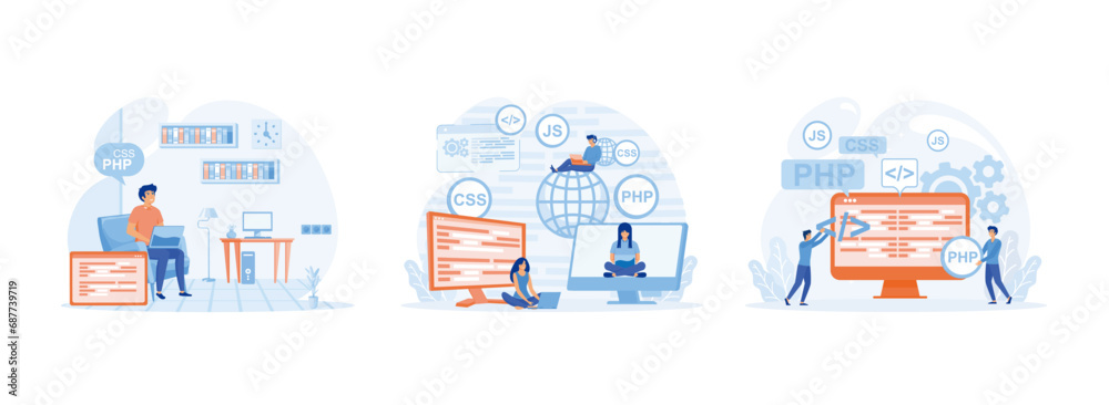 Young beautiful girl programmer behind a laptop and a computer, Programming courses web design, programmers coding and correct errors in project. Programmer (1) set flat vector modern illustration