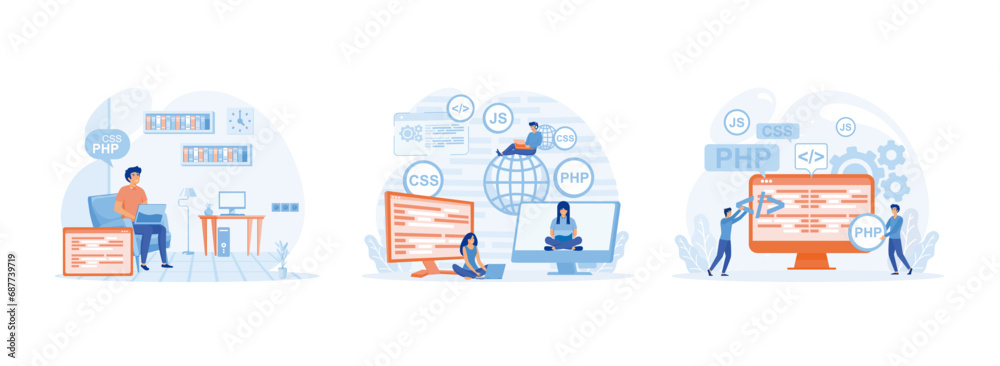 Obraz premium Young beautiful girl programmer behind a laptop and a computer, Programming courses web design, programmers coding and correct errors in project. Programmer (1) set flat vector modern illustration