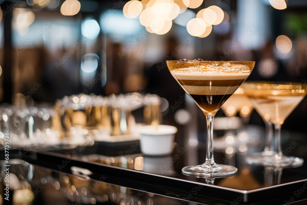 Selective focus, Espresso martini cocktail with fancy decorated glass on countertop of cocktail bar and blur background of golden vibe bar.	
