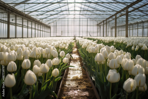 Flower greenhouse with white tulips photo