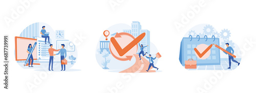 Concept done job for web page, check mark after finish responsible project, Beautiful business woman stands near big schedule with huge check mark. Done job set flat vector modern illustration
