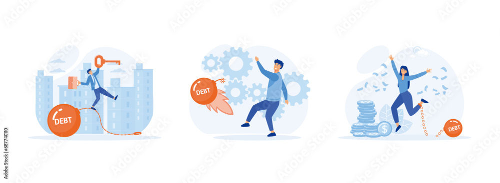 Fototapeta premium Debt free or freedom for pay off debts, solution to solve financial problem, with victorious gesture. Debt free set flat vector modern illustration