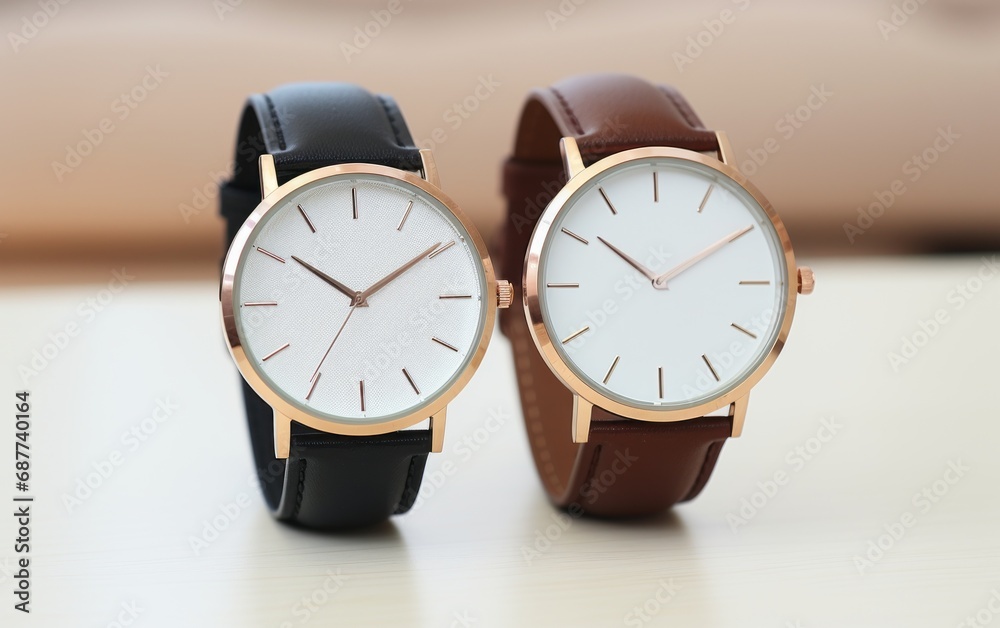 Elegant watches with Leather Straps on a Table Elegant watches with Leather Straps on a Table