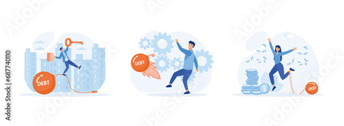 Debt free or freedom for pay off debts,  solution to solve financial problem, with victorious gesture. Debt free set flat vector modern illustration 