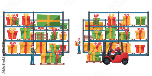 Industrial warehouse with pallet racks with gift boxes. Santa Claus driving a red forklift. Christmas campaign for cargo logistics and shipping of high demand merchandise for the Christmas season